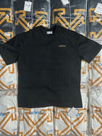 Off-White T-shirt front view with small Off-White logo on dark fabric