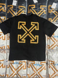 Off-White T-shirt with large gold arrow X graphic on dark front
