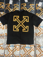 Off-White T-shirt with large gold arrow X graphic on dark front