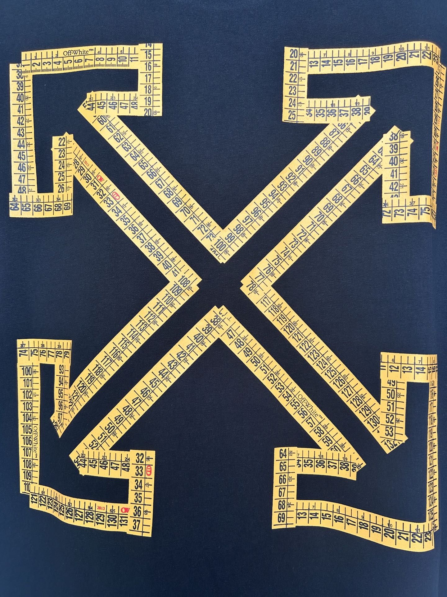 Dark Off-White T-shirt with large yellow ruler-style arrow X print
