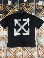Black Off White T-shirt back with large white graffiti X arrow logo