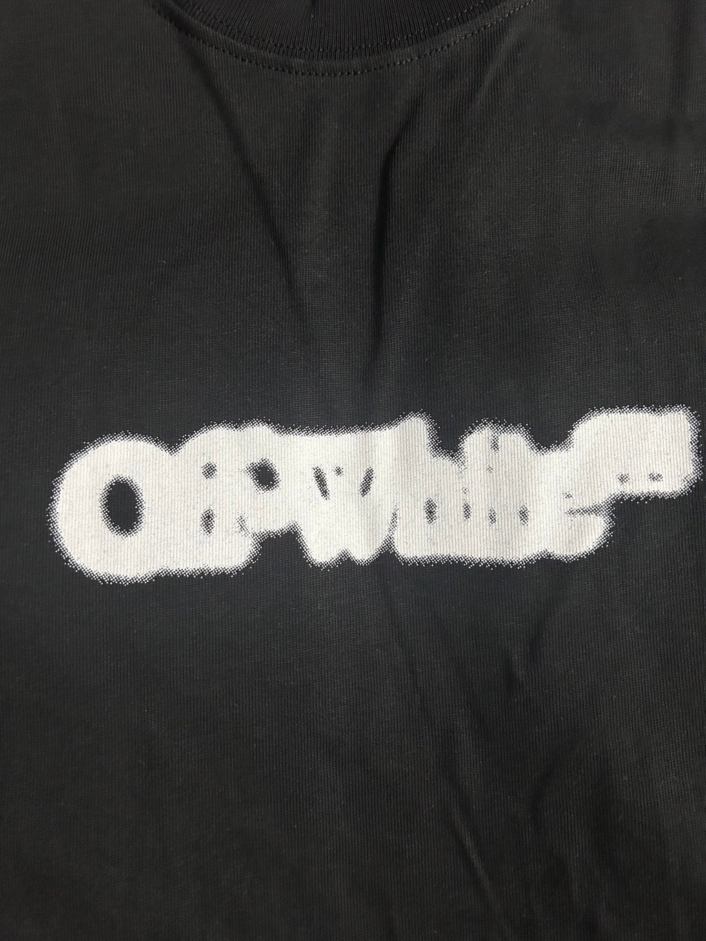 Black Off White T-shirt neckline with white graffiti logo text