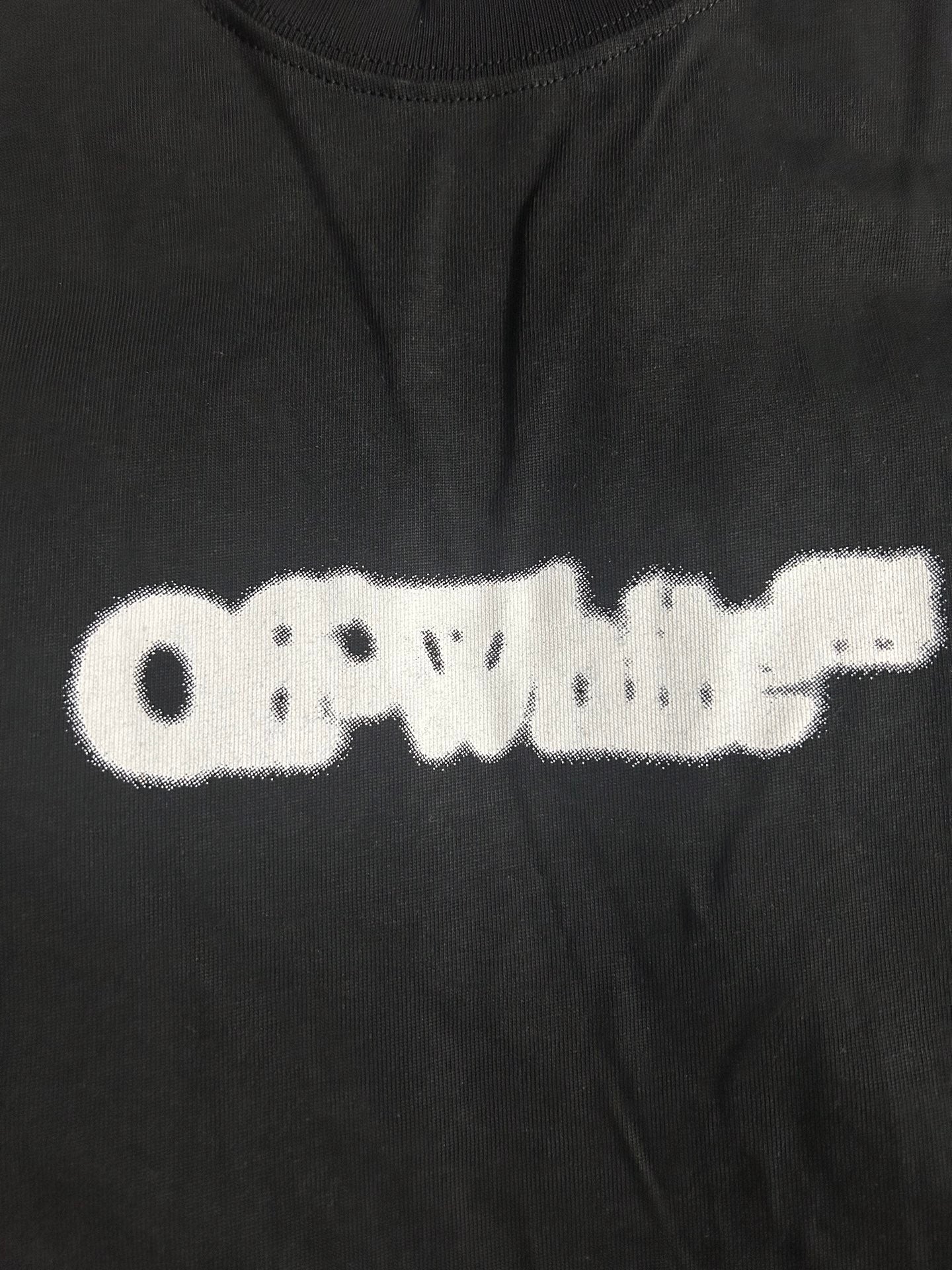Black Off White T-shirt neckline with white graffiti logo text