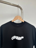 Black T-shirt with off-white logo graphic on chest, crew neckline