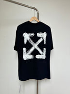 Black T-shirt with large off-white distressed X-shaped graphic on chest