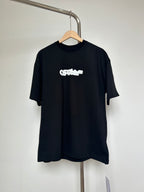 Black T-shirt with small off-white logo graphic on chest