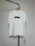 Off-white graphic T-shirt with black logo front, short sleeves