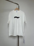 Off-white graphic T-shirt with black logo front, short sleeves