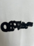 Off-white T-shirt close-up of black printed logo details