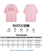 Pink T-shirt with Gucci chest print and size chart