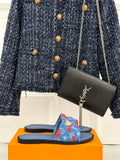 Louis Vuitton denim slide sandals with red cherry print straps and blue footbeds