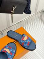 Louis Vuitton denim slide sandals, blue straps with red cherries on navy footbeds