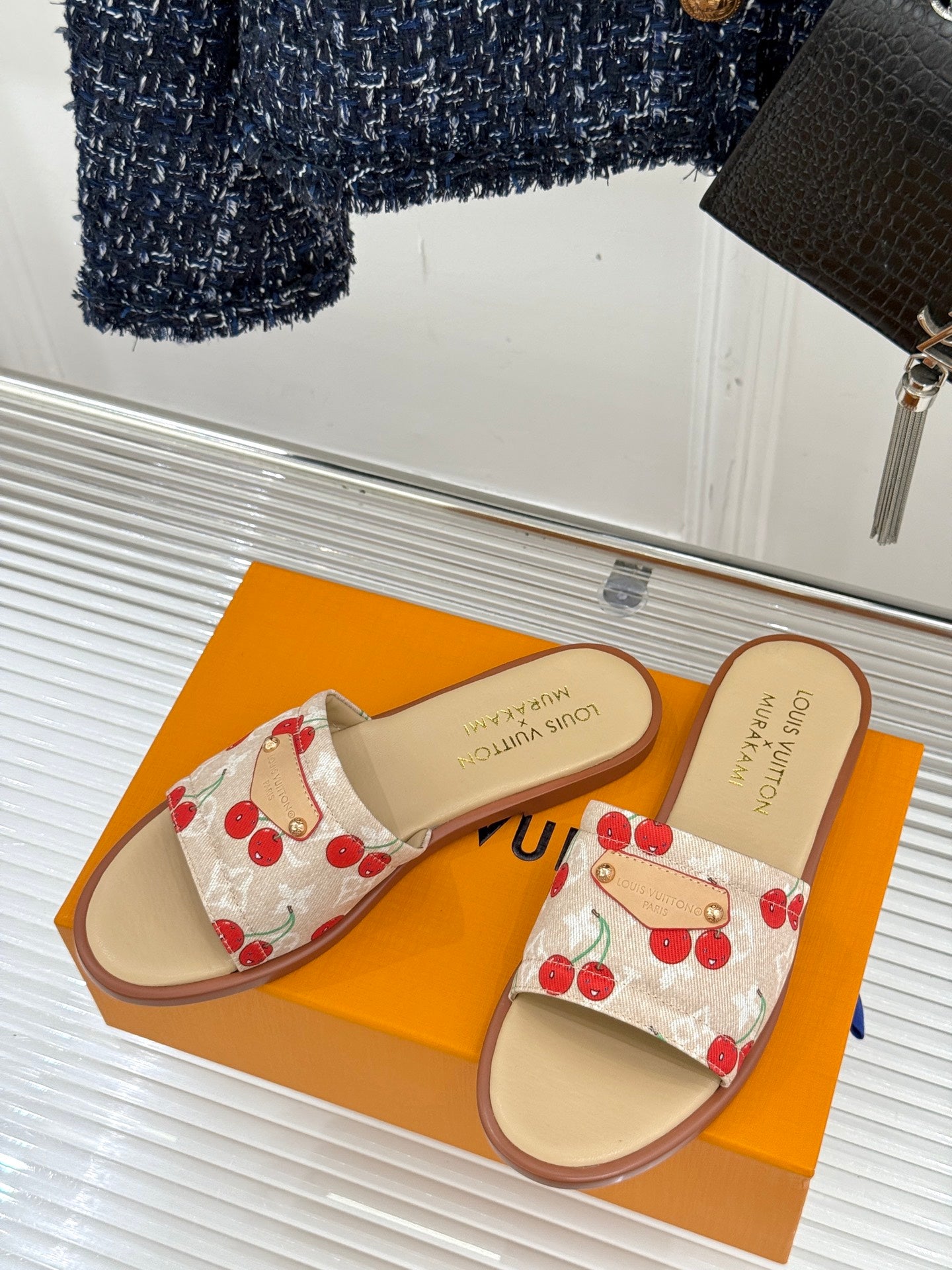 Louis Vuitton cherry-print slide sandals, beige footbed and tan sole