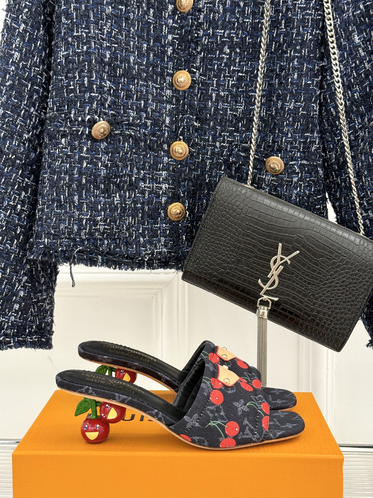 Women’s Louis Vuitton logo slide mules with cherry print and black slip-on straps