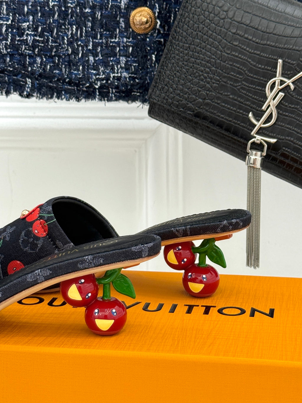 Women’s Louis Vuitton cherry print slide mules with black straps and low profile