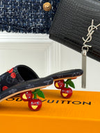 Women’s Louis Vuitton cherry print slide mules with black straps and low profile