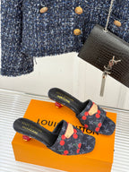 Women’s Louis Vuitton cherry print slip-on mules with black straps and low heel