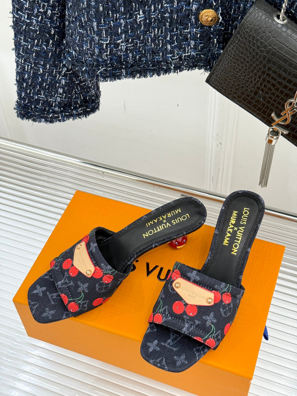 Women’s Louis Vuitton logo cherry print slide mules with black open-toe straps