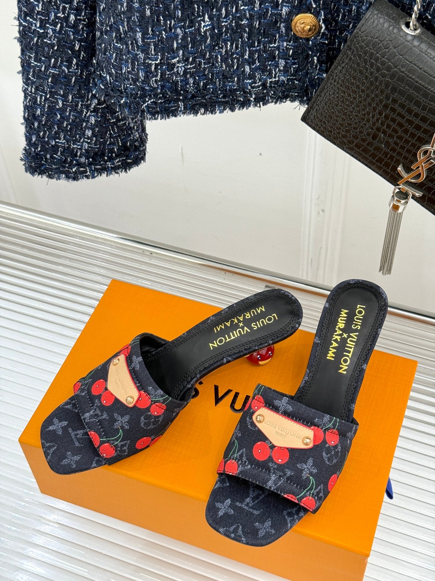 Women’s Louis Vuitton logo cherry print slide mules with black open-toe straps