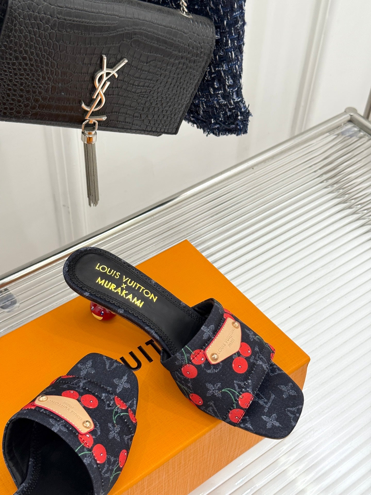 Women’s Louis Vuitton logo cherry print slide mules with black toe strap and heel