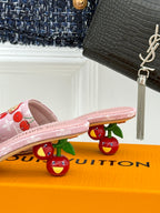 Pink cherry-print Louis Vuitton flat mules with low wooden-look heel
