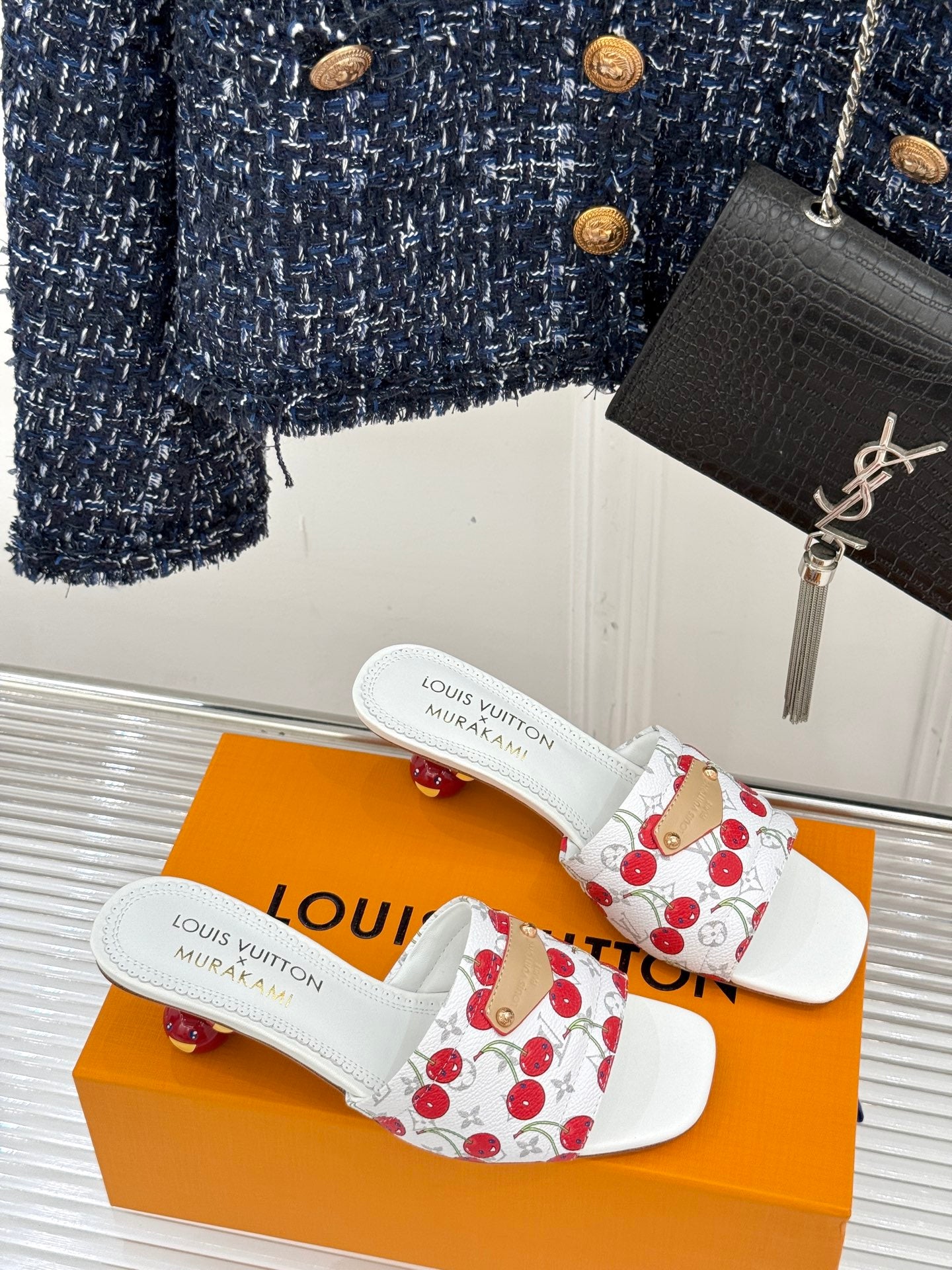 Louis Vuitton women's cherry-print white mule sandals with gold buckle detail