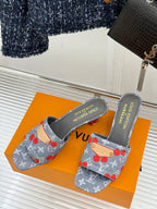 Louis Vuitton gray slide sandals with cherry pattern and tan leather detail, slip-on