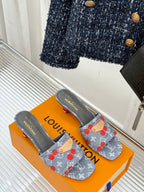 Louis Vuitton gray cherry-print slide sandals with tan strap detail, open toe