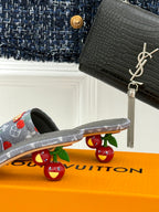 Louis Vuitton gray cherry-print slide sandals with tan straps, low heel profile