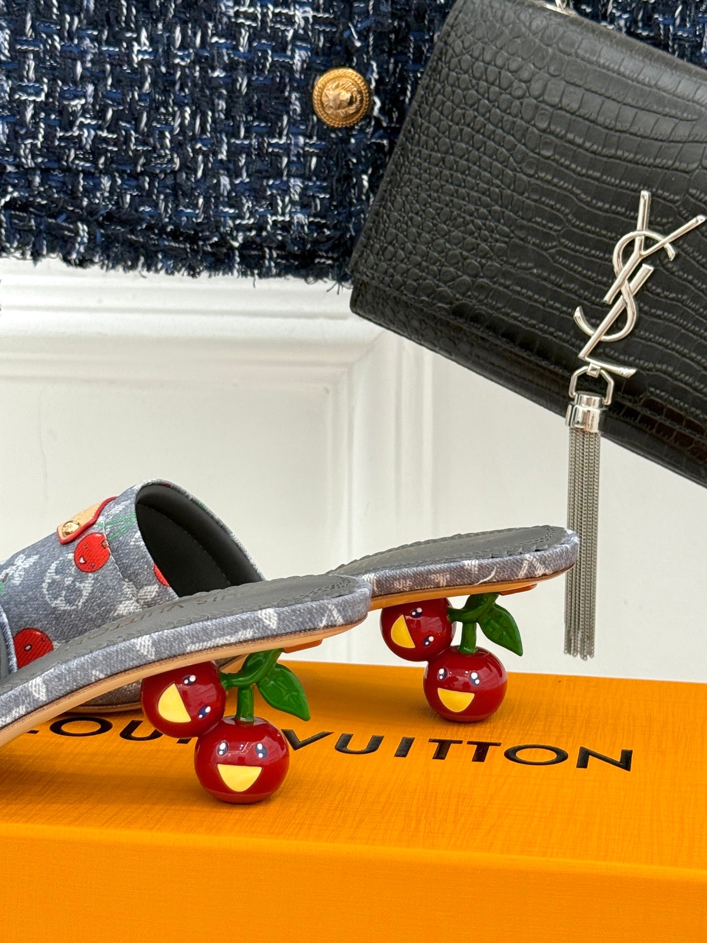 Louis Vuitton gray cherry-print slide sandals with tan straps, low heel profile