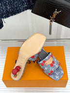 Louis Vuitton tan-soled slide sandals with gray cherry-print upper, open toe