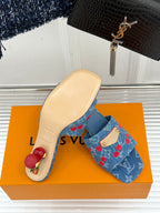 Louis Vuitton blue denim mules with red cherry print and beige footbed