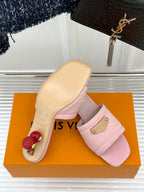 Light pink slide sandal with gold buckle plate on orange retail box