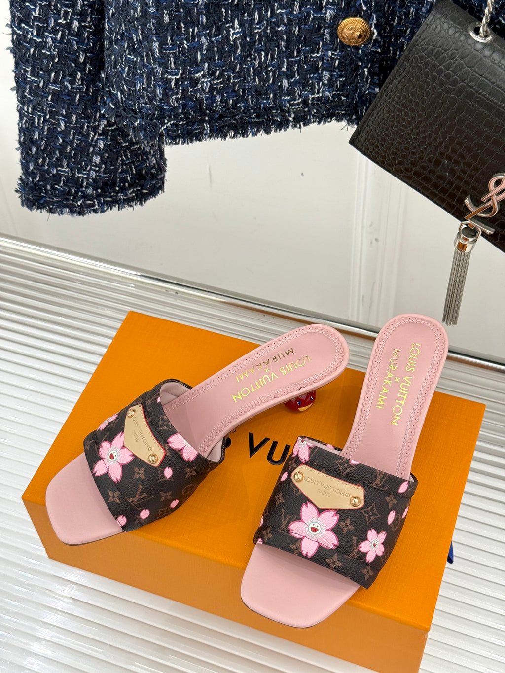 Louis Vuitton slide sandals, pink slide bands with floral black upper and gold buckle