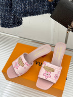 Louis Vuitton ladies pink floral slide sandals, cushioned straps and logo plaque