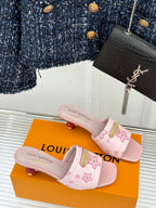 Louis Vuitton ladies pink floral slide sandals on orange box, open-toe two straps