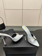 Women’s YSL light blue mule sandals with stiletto heels and gathered strap detail