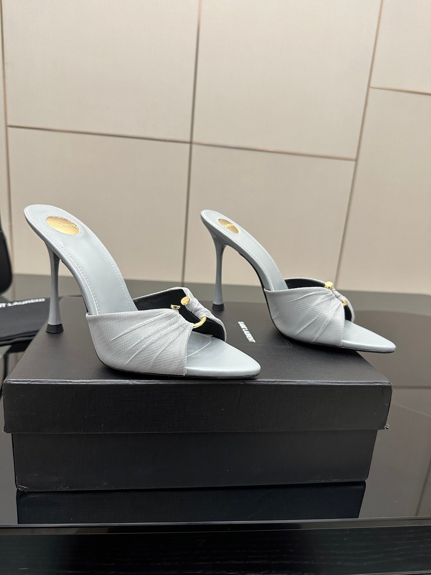 Women’s YSL light blue mule sandals, pointed toe, high stiletto heel, knot strap