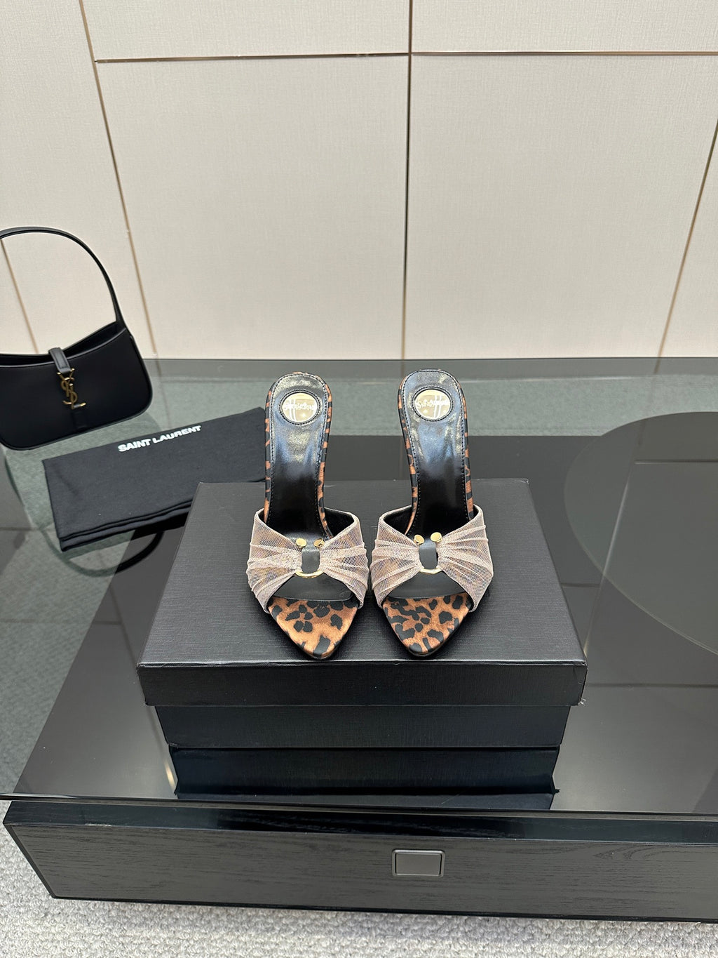 YSL ladies heeled mule sandals with leopard-print details and light fabric bow straps