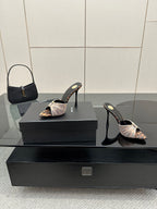 YSL ladies heeled mule sandals with leopard print details and light fabric bow straps