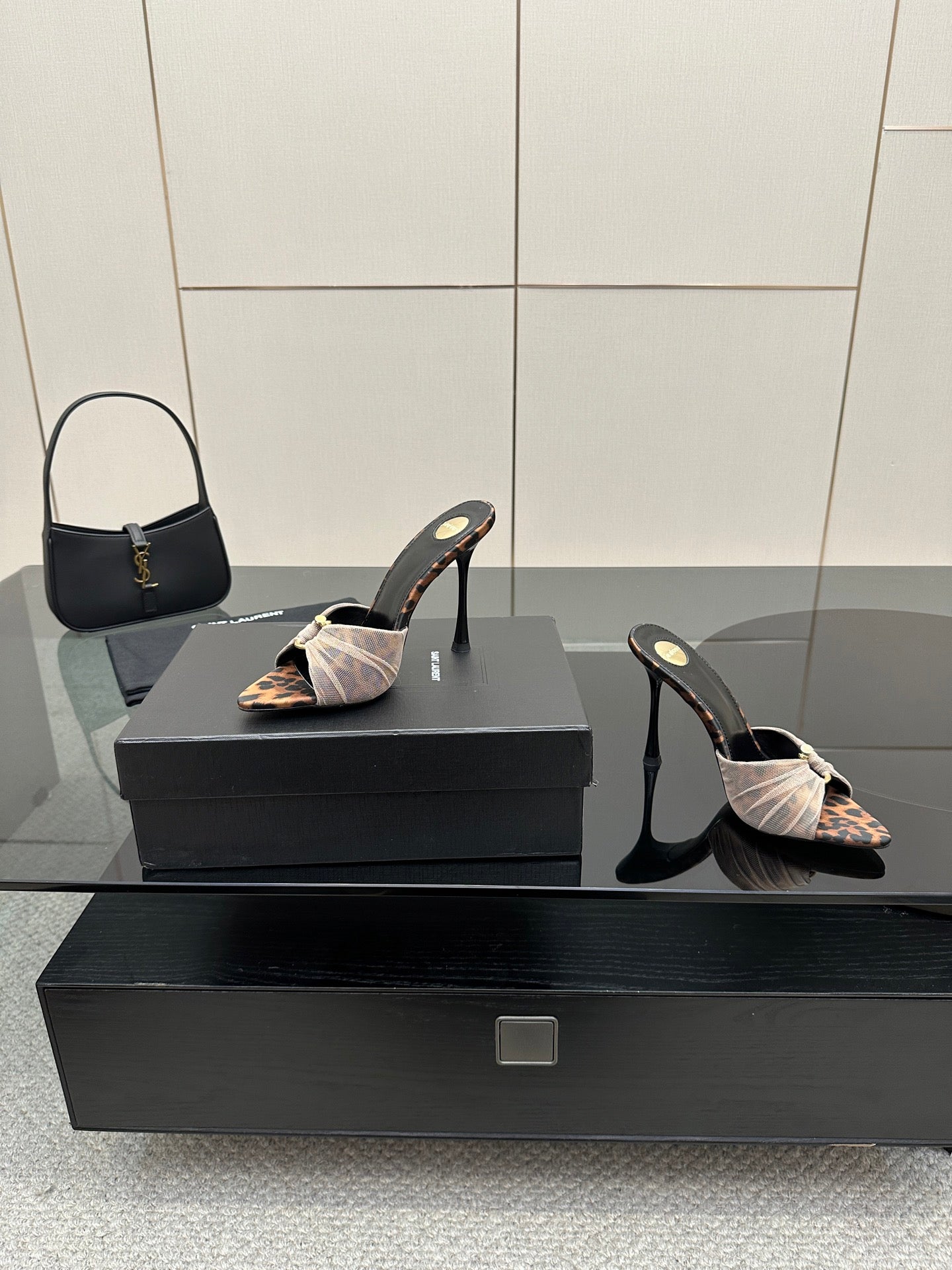 YSL ladies heeled mule sandals with leopard print details and light fabric bow straps
