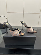 YSL ladies heeled mule sandals, curved black heels with leopard-pattern accents and bow