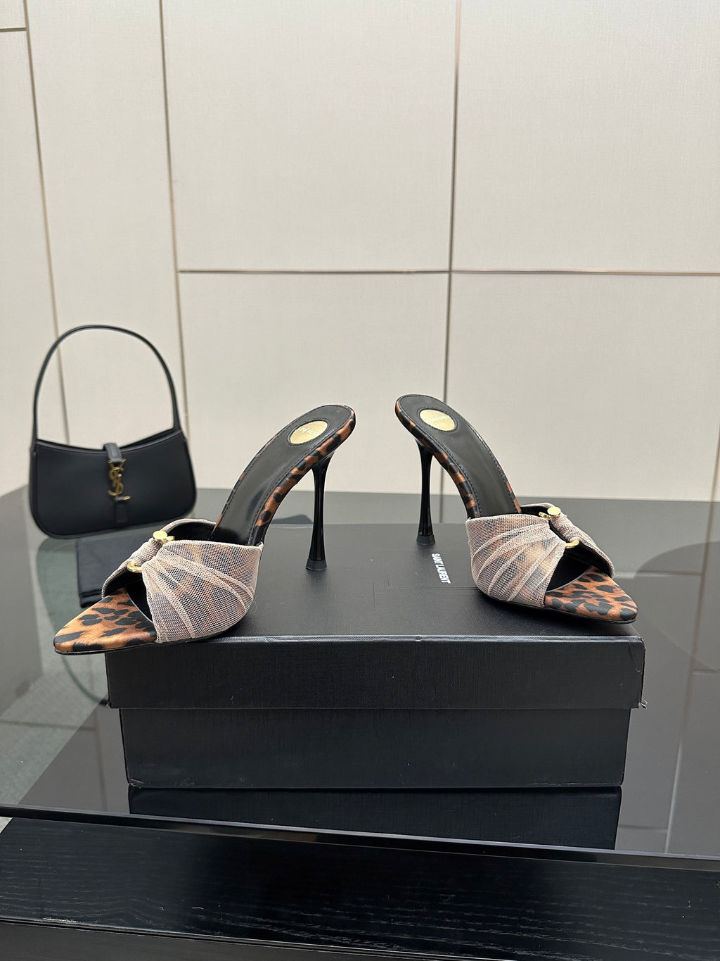 YSL ladies heeled sandal mules on black heels, leopard print inset and bow strap