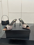 YSL ladies heeled sandal mules on black heels, leopard print inset and bow strap
