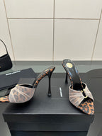 YSL ladies heeled mule sandals, light bow detail over leopard-print upper accents