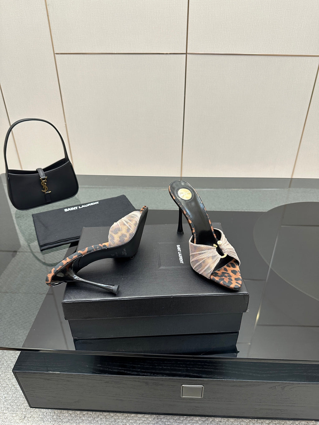 YSL ladies heeled sandal mules with black heels, leopard print insole and bow strap