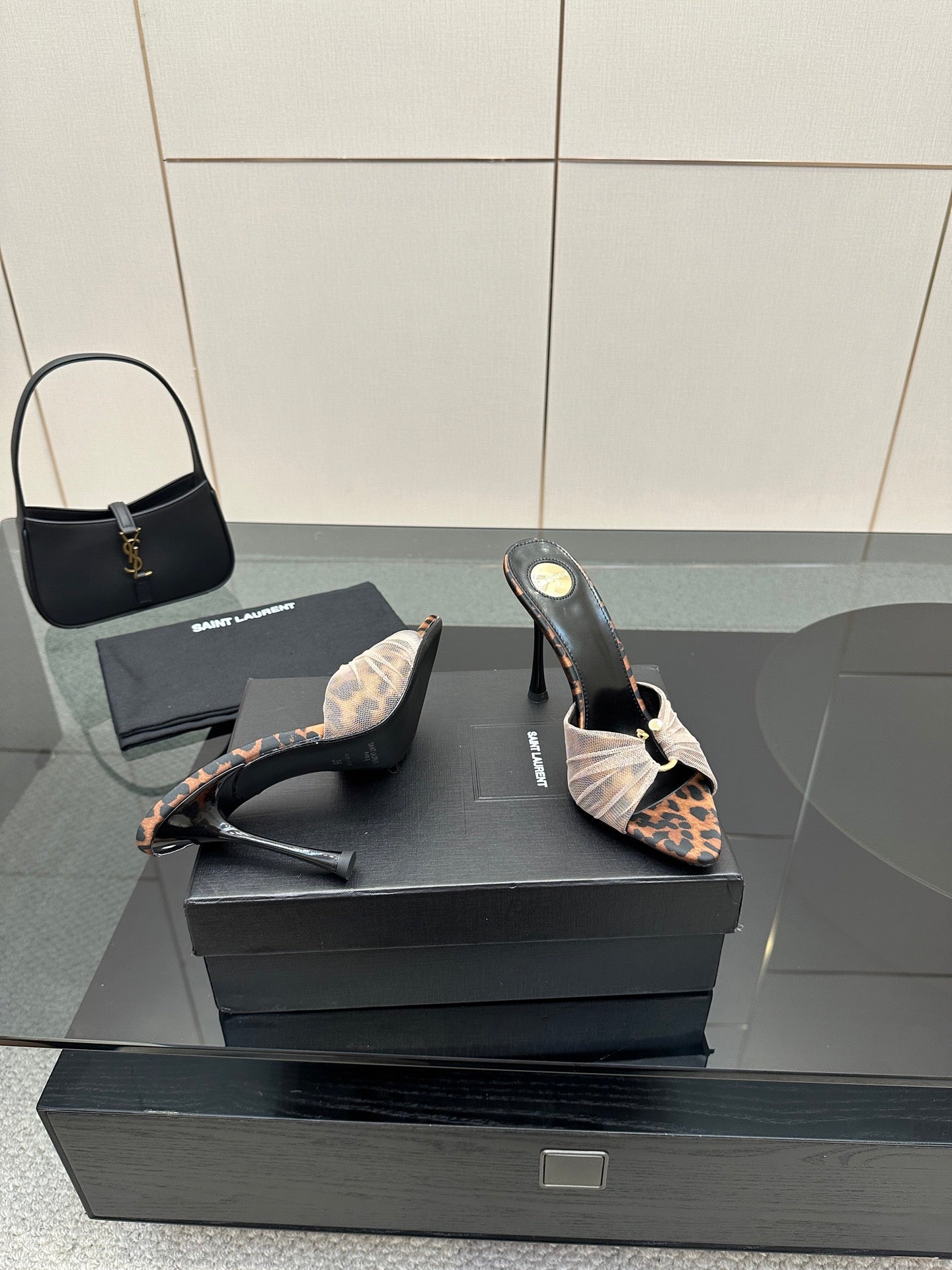 YSL ladies heeled sandal mules with black heels, leopard print insole and bow strap