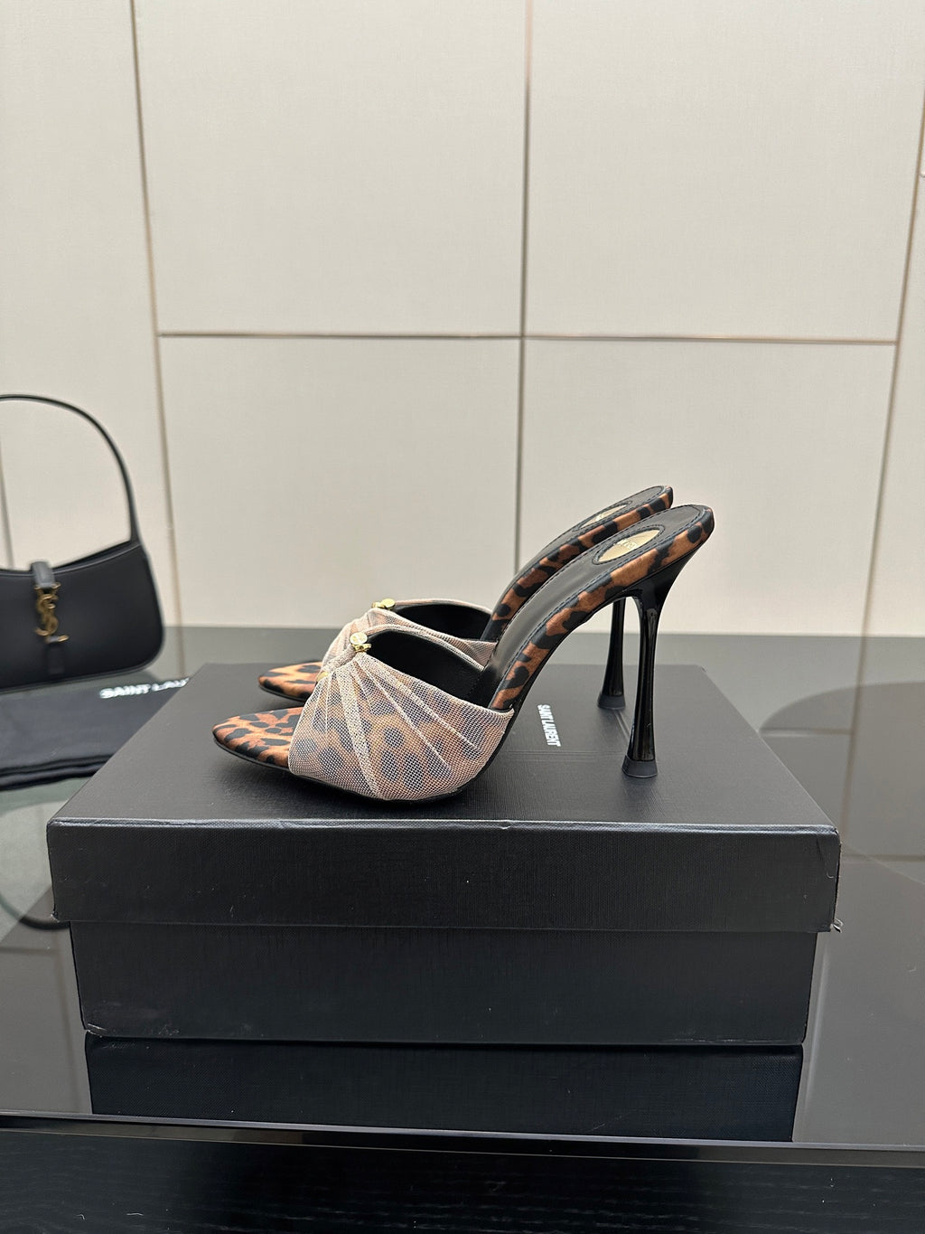 YSL ladies heeled mule sandal with sheer bow strap and leopard print heel inlay