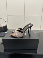 YSL ladies heeled mule sandal with sheer bow strap and leopard print heel inlay