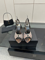 YSL ladies peep-toe stiletto sandals with leopard-print straps and bow ankle detail